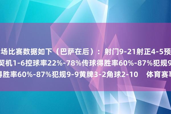 全场比赛数据如下（巴萨在后）：射门9-21射正4-5预期进球1.27-2.55进球契机1-6控球率22%-78%传球得胜率60%-87%犯规9-9黄牌3-2角球2-10    体育赛事直播